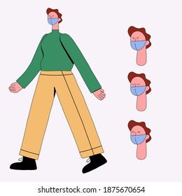 vector illustration - the character of a boy in a medical mask gait. Ideal for video animation in games. Sequence of frames of emotion on the face. Protective mask during coronavirus. Flat style