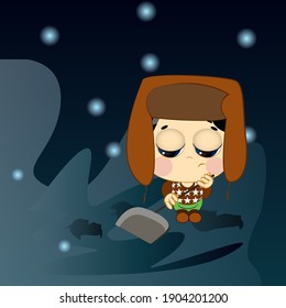 Vector illustration of character boy Roma removes snow at night, snow is falling on a dark sky, boy holding a shovel.