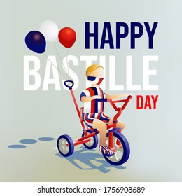 Vector illustration character of a boy wear protective mask, celebrating France Bastille day. By riding three wheel bike, with three baloons attached. 