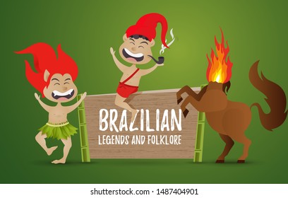 vector illustration the character of Brazilian legends and folklore stories, Curupira, one-legged boy in a red cap with a pipe Saci Perere, mula sem cabeca, Translation: the name characters