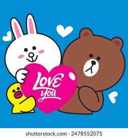 Vector Illustration of character brown pinch cony cheek with love bubble in air on blue background