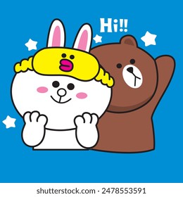 Vector Illustration of character brown pinch cony cheek with love bubble in air on blue background