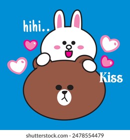 Vector Illustration of character brown pinch cony cheek with love bubble in air on blue background