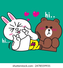 Vector Illustration of character brown pinch cony cheek with love bubble in air on green background