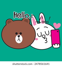 Vector Illustration of character brown pinch cony cheek with love bubble in air on blue background