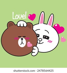 Vector Illustration of character brown pinch cony cheek with love bubble in air on green background