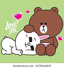 Vector Illustration of character brown pinch cony cheek with love bubble in air on green background