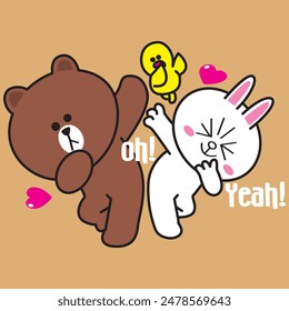 Vector Illustration of character brown pinch cony cheek with love bubble in air on orange background