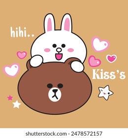 Vector Illustration of character brown pinch cony cheek with love bubble in air on orange background