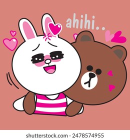 Vector Illustration of character brown pinch cony cheek with love bubble in air on pink background