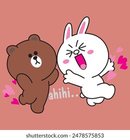 Vector Illustration of character brown pinch cony cheek with love bubble in air on pink background