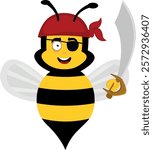 vector illustration character bug bee cartoon, with a headscarf, an eye patch and a pirate sword