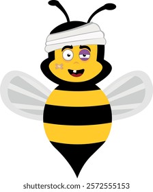 vector illustration character bug bee cartoon, injured with bandages on his head, a black eye, a single tooth