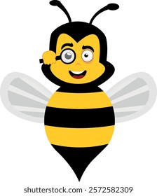 vector illustration character bug bee cartoon, watching with a magnifying glass