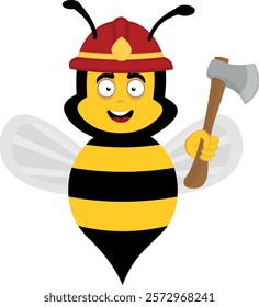 vector illustration character bug bee cartoon, with a fireman helmet and axe in hand 