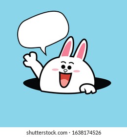 Vector Illustration of character bunny in a hole smile on blue background