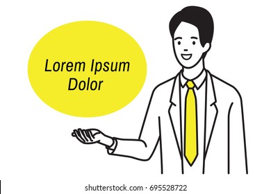 Vector illustration character of business man, open palm upward, showing something, presenting, smiling, with blank space for your text or design. Outline, contour, line art, hand drawn sketch style.
