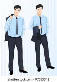 Vector illustration of  character, business set 2. Smiling young businessmen  standing, and wearing professional dress.  EPS 10.