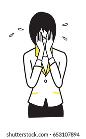 Vector illustration character of business woman cover her face with hands, crying, sad, tried, give up, failed, grief. Line draw, sketch, doodle style. 