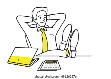 Vector illustration character businessman leaning over his chair  relaxing his desk  put shoes table   dreaming something  Outline  hand drawn sketch  line art  simple style   
