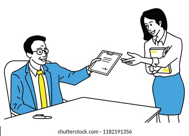 Vector illustration character of businessman, manager, sign dontract document and giving back to secretary. Outline, linear, thin line art, hand drawn sketch design, simple style.