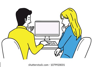 Vector Illustration Character Of Businessman And Woman, Office Worker, Training For New Trainee, Internship With Computer Screen, Sitting At Desk. Outline, Linear, Hand Drawn Sketch Design.