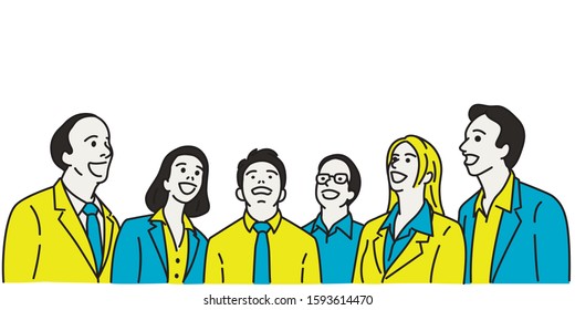 Vector illustration character of businesspeople, man and woman, looking up with surprised expression. Linear, thin line art, hand drawn sketch design, simple style.