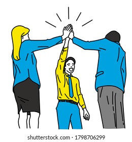 Vector illustration character of businesspeople, man and woman, showing unity teamwork concept with raising and joining hands. Outline, thin line art, linear, hand drawn sketch design, simple style. 