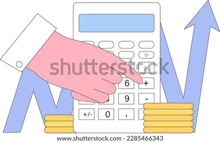 Vector illustration of character with calculator counting finance or dollar coins, planning, distributing budget. Financial management concept. Diversification of money savings, investments, assets. 