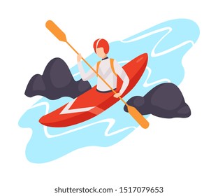 Vector illustration of a character in canoe isolated on a white background.
