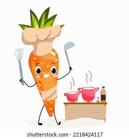 Vector illustration character cartoon carrot in the image of a cook with a ladle, stove and pans.