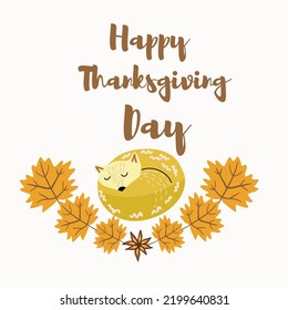 Vector illustration character cartoon cute fox sleeping, semicircular arrangement of maple leaves, leaf fall, autumn vibrations, autumn forest, tree, inscription Happy Thanksgiving Day.