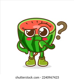 vector illustration character cartoon cute green watermelon confuse with question