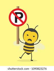 vector illustration character cartoon design cute honey yellow bee mascot holding no parking sign caution pictogram in yellow background