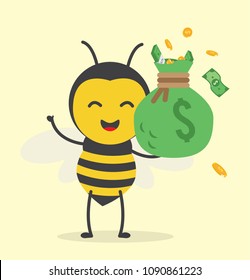 vector illustration character cartoon design cute honey yellow bee mascot holding green money bag with dollar icon in yellow background