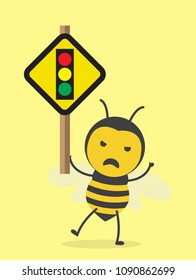 vector illustration character cartoon design cute honey yellow bee mascot holding traffic sign yellow warning pictogram in yellow background
