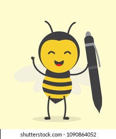 vector illustration character cartoon design cute honey yellow bee mascot holding pen for write in yellow background