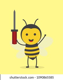 vector illustration character cartoon design cute honey yellow bee mascot holding screwdriver in yellow background