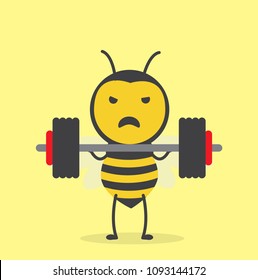 Diseño de dibujos animados de personajes de Ilustración vectorial linda miel amarilla abeja mascota tren elevador sosteniendo mancuerna de barra en fondo amarillo