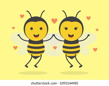 vector illustration character cartoon design cute honey yellow bee mascot couple love hold hand dancing flying and love icon in yellow background