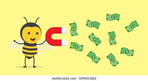 vector illustration character cartoon design cute honey yellow bee mascot holding a green dollar money attracting red magnet in yellow background
