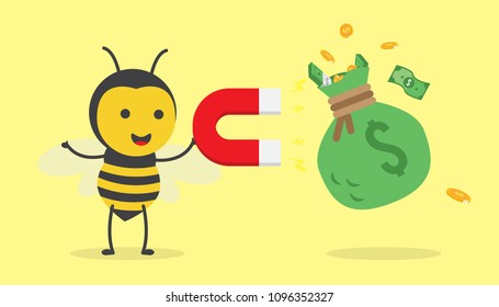 vector illustration character cartoon design cute honey yellow bee mascot holding a green big bag dollar money attracting red magnet in yellow background