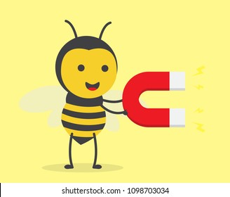 vector illustration character cartoon design cute honey yellow bee mascot holding magnet in yellow background