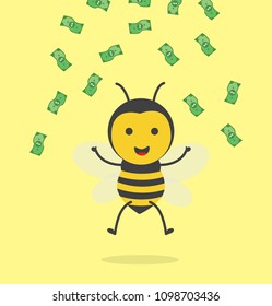 vector illustration character cartoon design cute honey yellow bee mascot happy with a lot of dollar banknote flowing in the air, rain money in yellow background