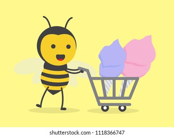 vector illustration character cartoon design cute honey yellow bee mascot holding trolley market shopping cart with sweet cotton candy in yellow background