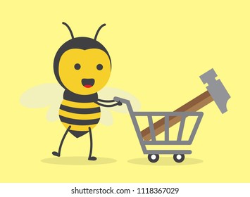 vector illustration character cartoon design cute honey yellow bee mascot holding trolley market shopping cart with hammer in yellow background