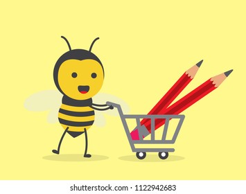 vector illustration character cartoon design cute honey yellow bee mascot holding trolley market shopping cart with red pencil in yellow background