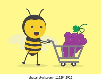 vector illustration character cartoon design cute honey yellow bee mascot holding trolley market shopping cart with grape in yellow background