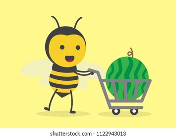 vector illustration character cartoon design cute honey yellow bee mascot holding trolley market shopping cart with watermelon in yellow background