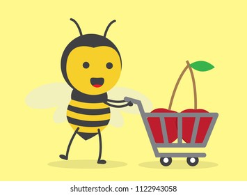 vector illustration character cartoon design cute honey yellow bee mascot holding trolley market shopping cart with cherry in yellow background